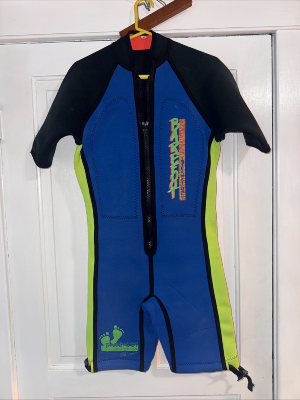 Vintage Adult Blue & Lime Short Sleeve Wetsuit - Front Zip Swim Suit medium